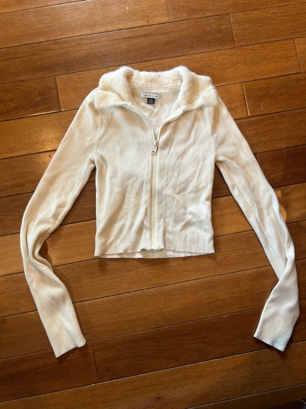 American Eagle Outfitters Cream Ribbed Zip Sweater with Faux Fur Trim